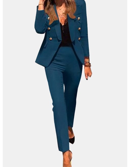 Women Solid Long Sleeve Lapel Two Pieces Suit