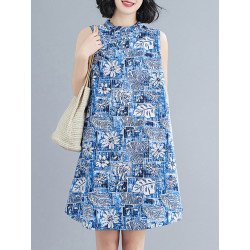 Floral Print Stand Collar Frog Button Sleeveless Vintage Dress