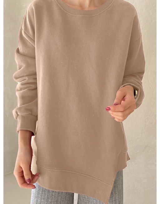 Asymmetrical Hem Solid Crew Neck Long Sleeve Sweatshirt