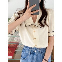 Contrast Color Puff Sleeve Button Front Loose Shirt