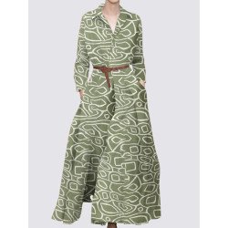 Geo Print Pocket Pleated Long Sleeve Maxi Dress
