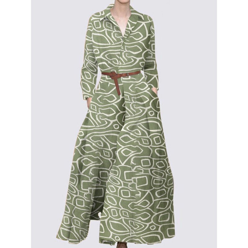 Geo Print Pocket Pleated Long Sleeve Maxi Dress