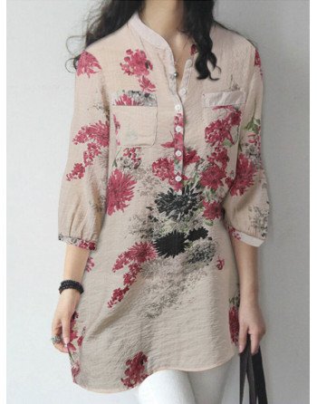 Flower Print 3/4 Sleeve Stand Collar Pocket Blouse