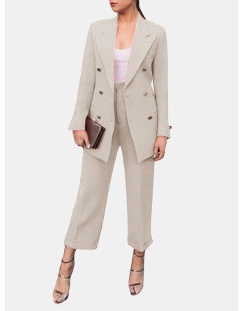 Solid Double Breasted Pocket Long Sleeve Two Pieces Suit