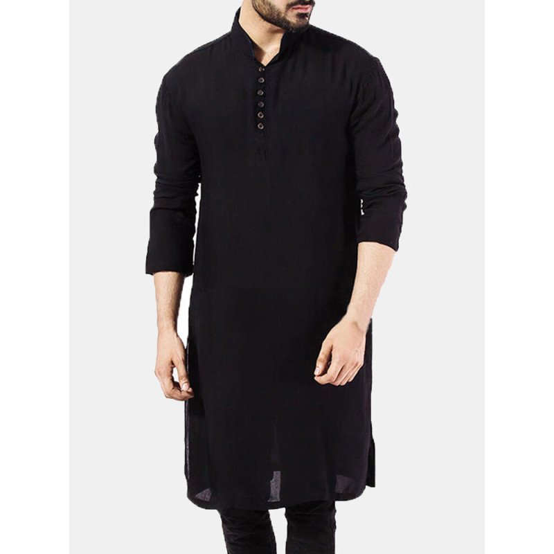 Mens Pathani Kurta Pajama Indian Long T-shirts Cotton Ethnic Suit Solid Autumn Long Sleeve Top