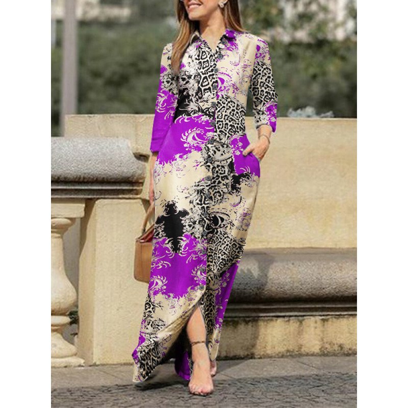 Contrast Leopard Button Front Pocket Lapel Maxi Shirt Dress