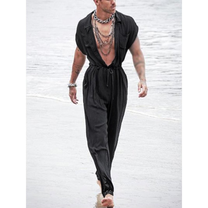 Men Cargo Short Sleeve V Neck Overalls Long Pants Jumpsuit