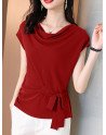 Solid Cowl Neck Short Sleeve Bowknot Blouse