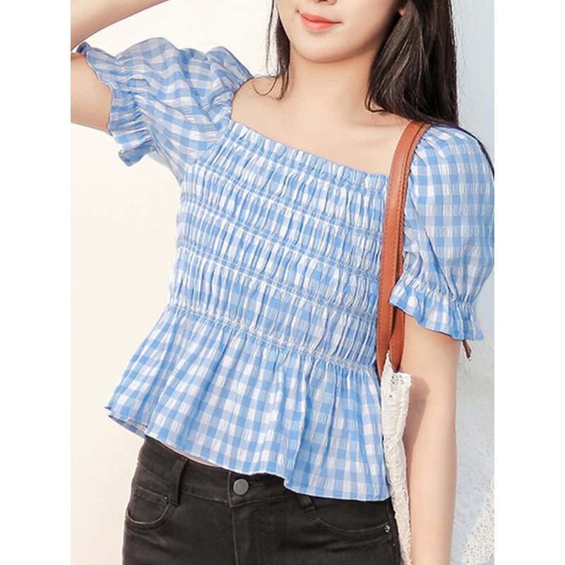 Check Print Tie Back Square Collar Puff Sleeve Blouse