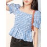 Check Print Tie Back Square Collar Puff Sleeve Blouse