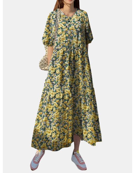 Floral Print Half Sleeve O-neck Loose Dress