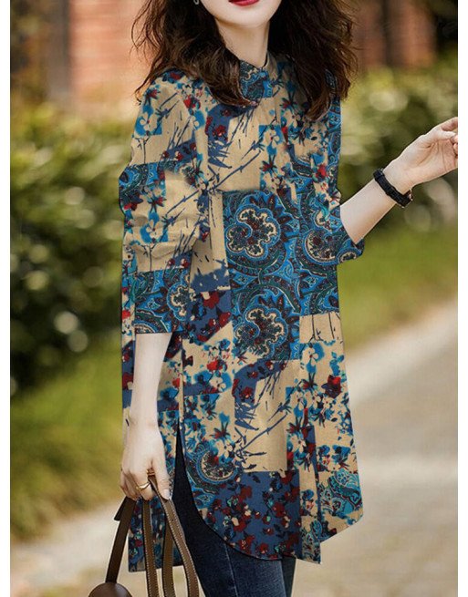 Flower Print Slit Hem Stand Collar Long Sleeve Blouse