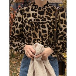 Leopard Print Ruffle Stand Collar Long Sleeve Blouse