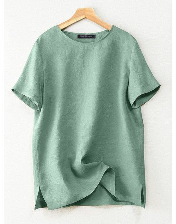 Solid Slit Hem Crew Neck Short Sleeve Casual T-shirt