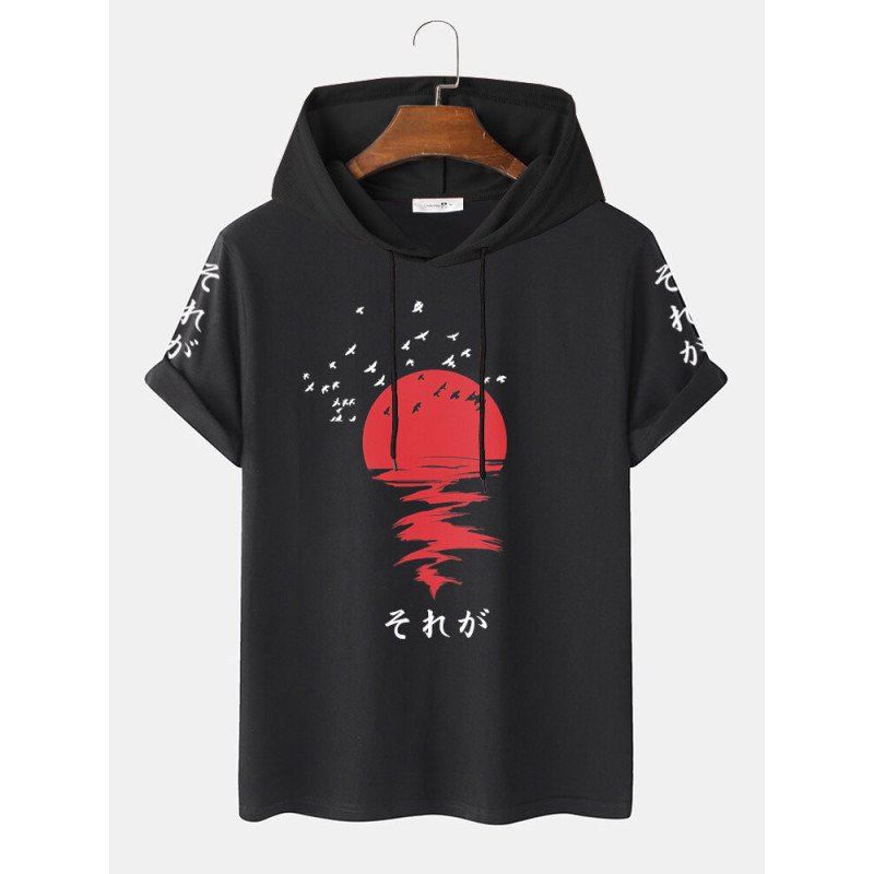 Mens Red Sun Japanese Print Short Sleeve Drawstring Hooded T-Shirts