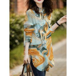 Tie Dye Slit Hem Long Sleeve Stand Collar Blouse