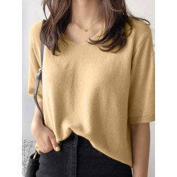 Casual Solid Knit Half Sleeve V-neck Casual T-shirt