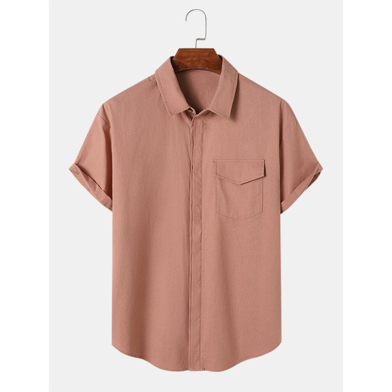 Mens Solid Concealed Placket Flap Pocket Cotton Short Sleeve Shirts