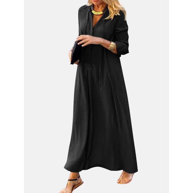 Solid Long Sleeve V-neck Maxi Dress For Women