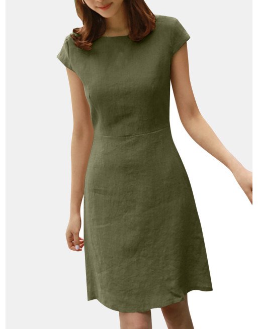 Invisible Zip Solid Short Sleeve Crew Neck Casual Dress