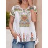 Bohemian Flower Pattern Notch Neck Short Sleeve Blouse