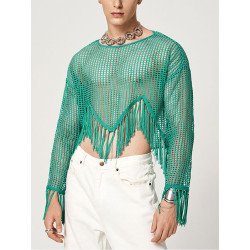 Mens Hollow Out Tassel Hem Long Sleeve Crop T-Shirt