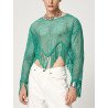 Mens Hollow Out Tassel Hem Long Sleeve Crop T-Shirt