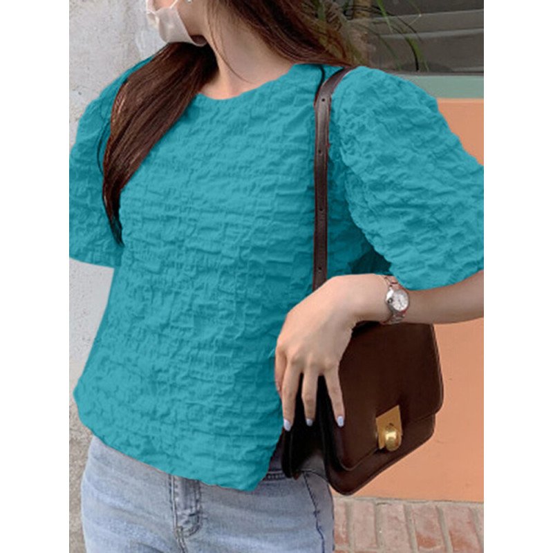Textured Solid Puff Sleeve Crew Neck Women Blouse
