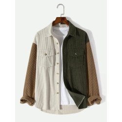 Mens Contrast Patchwork Flap Pocket Corduroy Long Sleeve Shirts