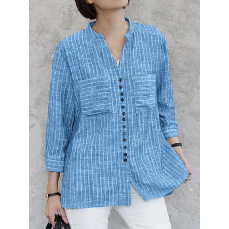 Women Striped Notched Neck Button Up Cotton Shirt