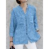 Women Striped Notched Neck Button Up Cotton Shirt