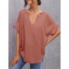 Solid V Neck Short Sleeve Loose Casual Blouse