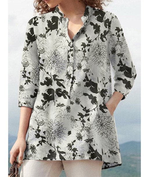 Plants Print Button Pocket Stand Collar 3/4 Sleeve Blouse