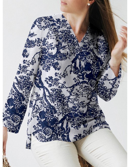 Plants Print Slit Hem V-neck Long Sleeve Blouse