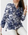 Plants Print Slit Hem V-neck Long Sleeve Blouse