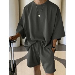 Plus Size Mens Solid Color Drop Shoulder Elastic Waist Casual Two Piece Outfits