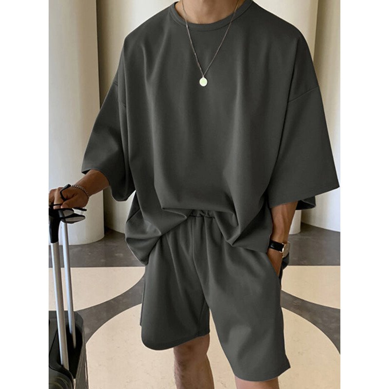 Plus Size Mens Solid Color Drop Shoulder Elastic Waist Casual Two Piece Outfits