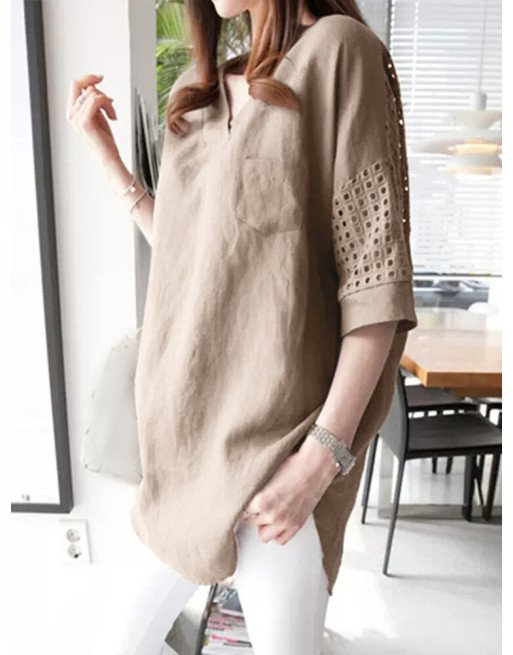 Solid Hollow Pocket V-neck Blouse For Women