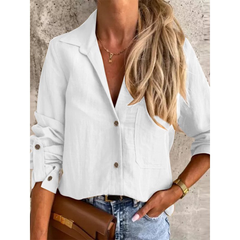 Solid Long Roll-tab Sleeve Pocket Button Lapel Shirt
