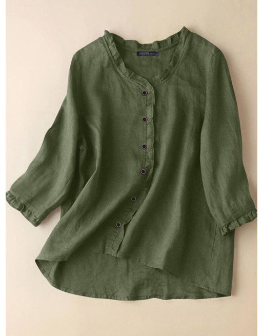 Women Solid Ruffle Trim 3/4 Sleeve V-neck Blouse