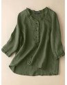 Women Solid Ruffle Trim 3/4 Sleeve V-neck Blouse