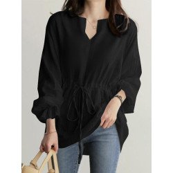 Solid Elastic Waist V Neck Long Sleeve Casual Blouse