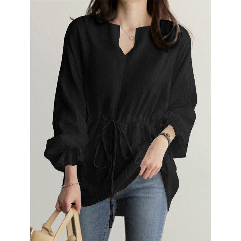 Solid Elastic Waist V Neck Long Sleeve Casual Blouse