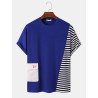 Mens Stripe Patchwork Flap Pocket Casual Short Sleeve T-Shirts