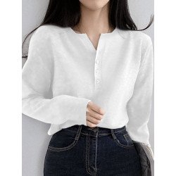Solid Long Sleeve Half Placket Button Crew Neck Knit T-shirt