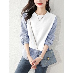 Stripe Panel Long Sleeve Crew Neck Fake Two Pieces Blouse