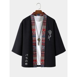 Mens Japanese Rose Print Geometric Pattern Trim Loose Kimono