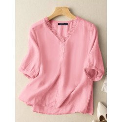 Women Lace Trim V-Neck Plain Cotton 3/4 Sleeve Blouse