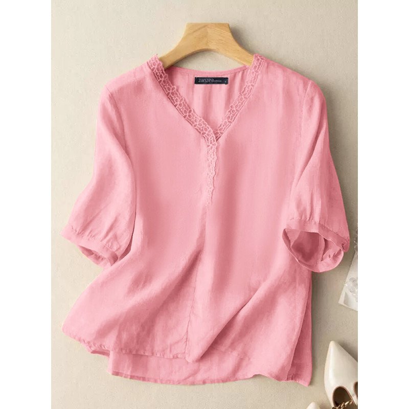 Women Lace Trim V-Neck Plain Cotton 3/4 Sleeve Blouse