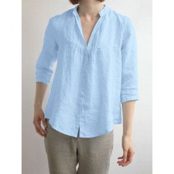 Solid Button Front Lapel 3/4 Sleeve Blouse